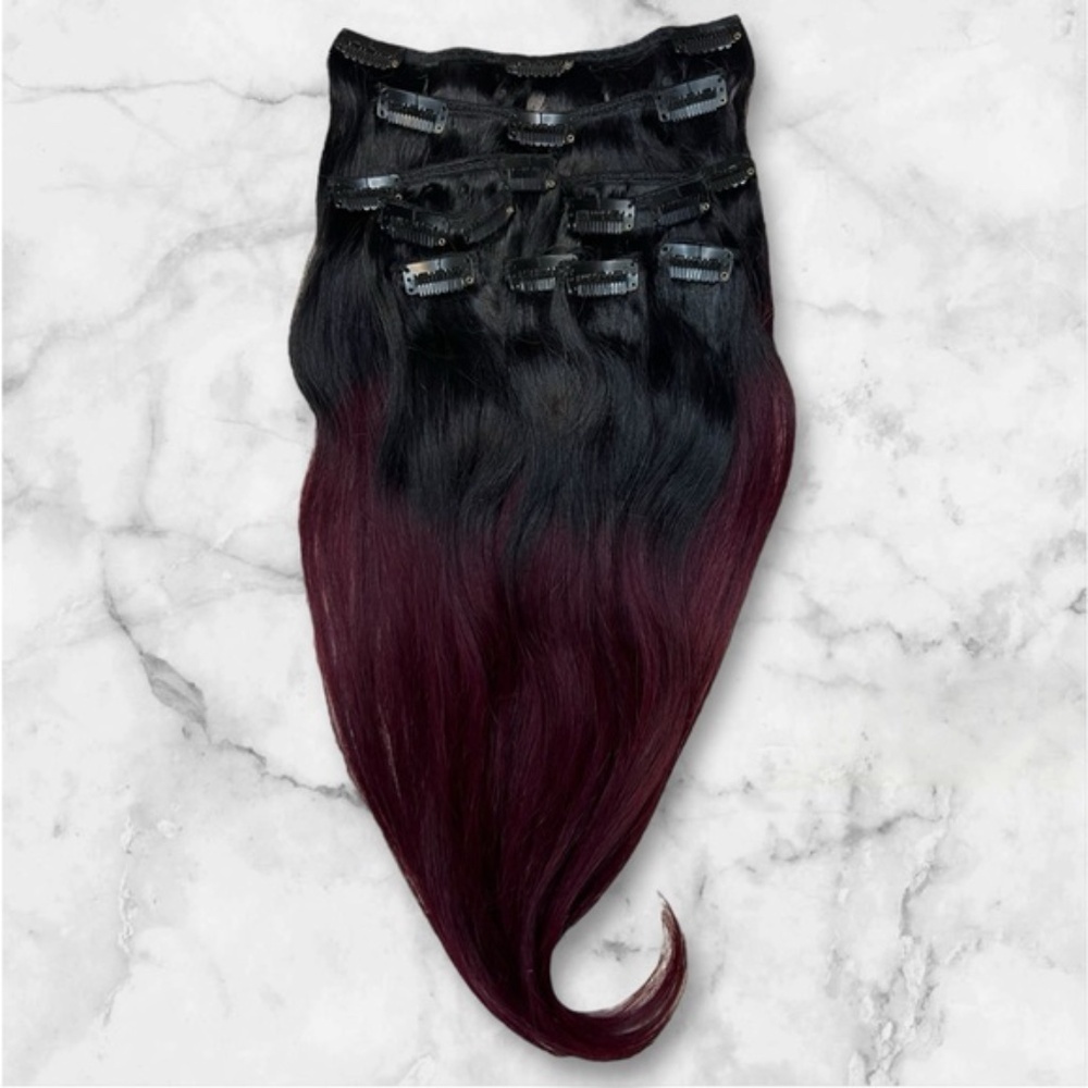 Human Hair Clip in 16 Inch Black & Red Balayage